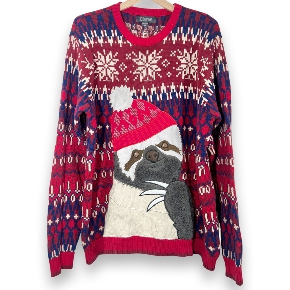 33 Degrees Mens XXL UGLY Christmas Holiday SLOTH Sweater PLUS SIZE Winter Santa